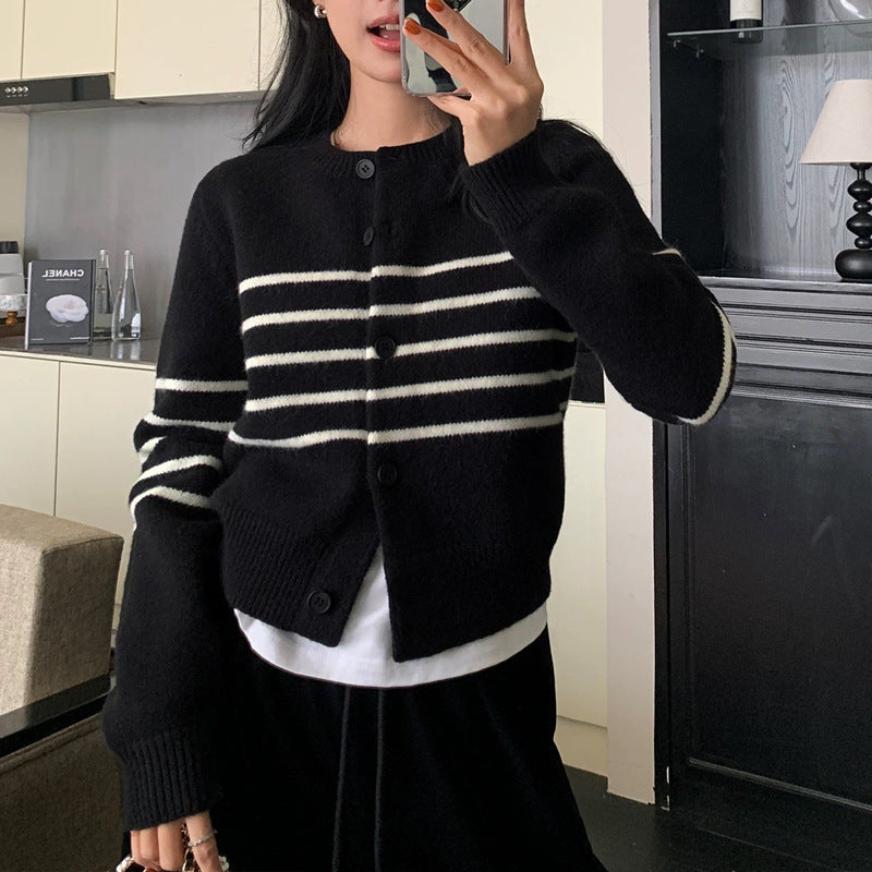 Striped Crew-Neck Knitted Cardigan Sweater For Women Secondary image