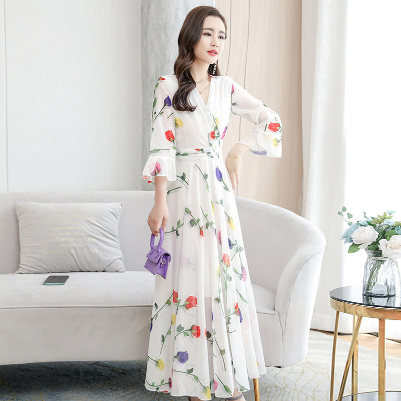 Women Short Sleeve Maxi Dress Fashion Bodycon V-neck White Print Runway Retro Chiffon Long Party Dresses Vestidos Secondary image