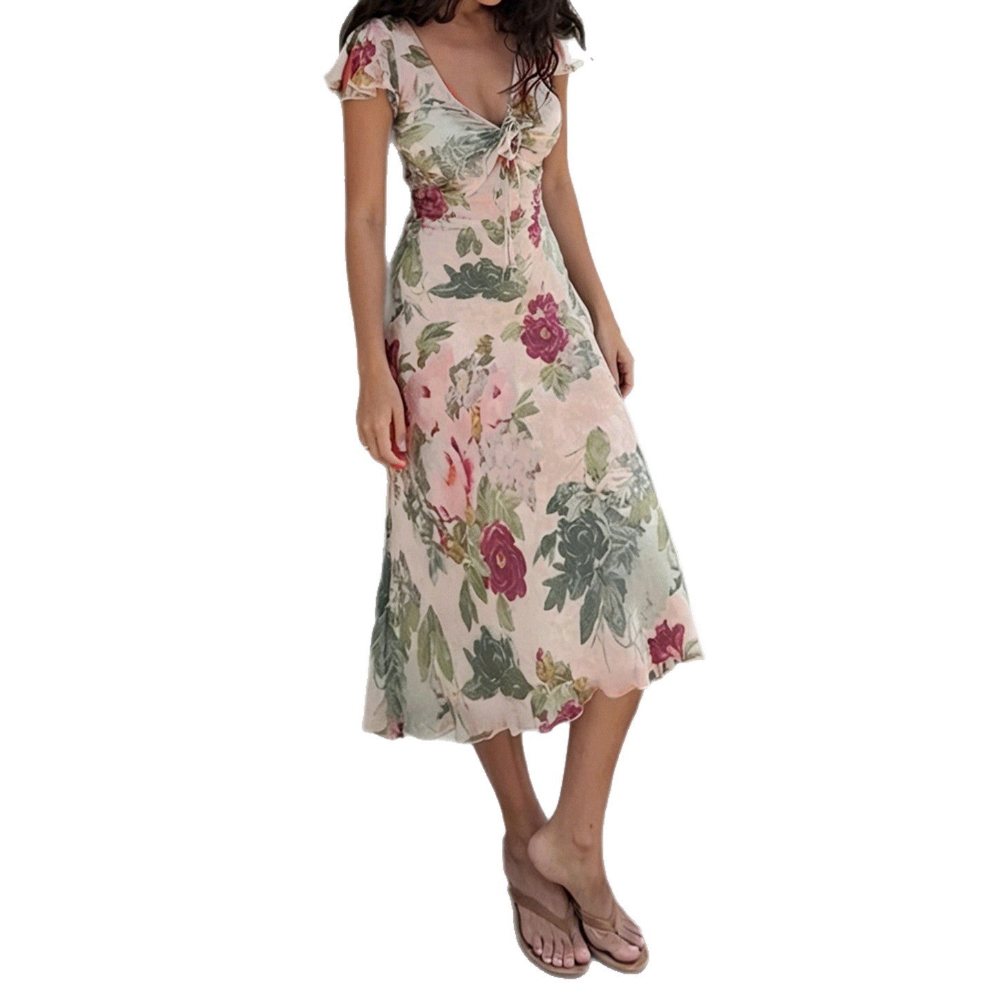 Floral Ruffled V-Neck Mesh Dress Resort Secondary image