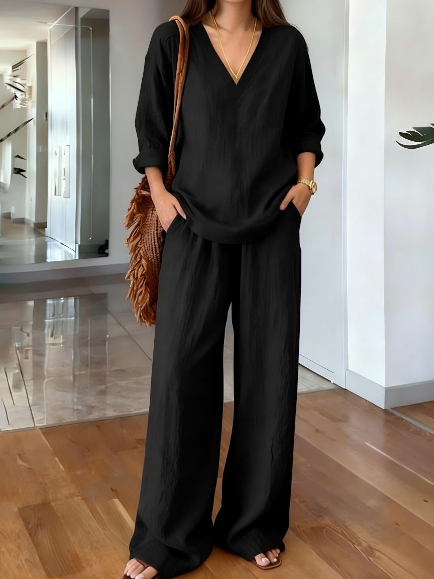 In Stock 2026 New Foreign Trade Cross-Border Women's Clothing Casual V-Neck Pullover Long-Sleeve Extended Pants Washed Cotton Multi-Color Women's Wear Secondary image