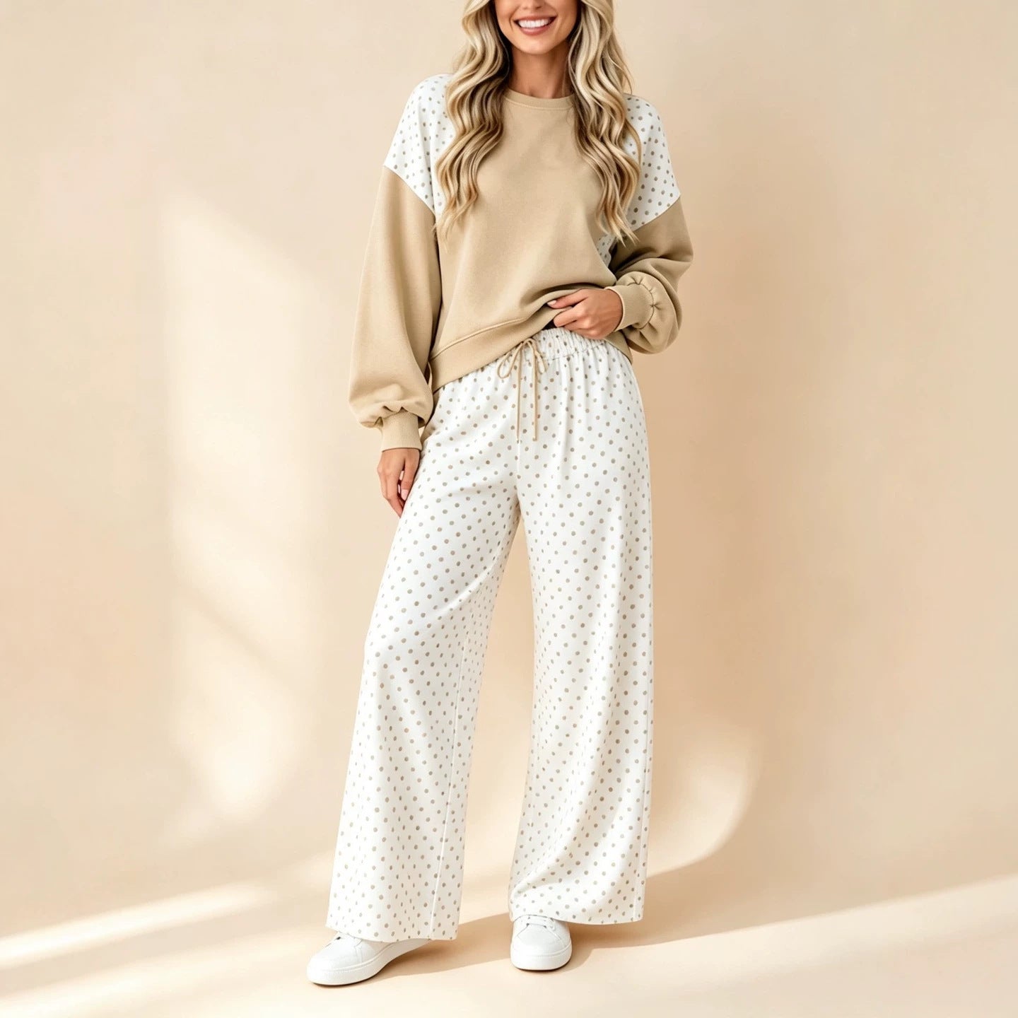 Color-block Polka-dot Crew-neck Long-sleeve Top And Wide-leg Pants Two-piece Set Secondary image