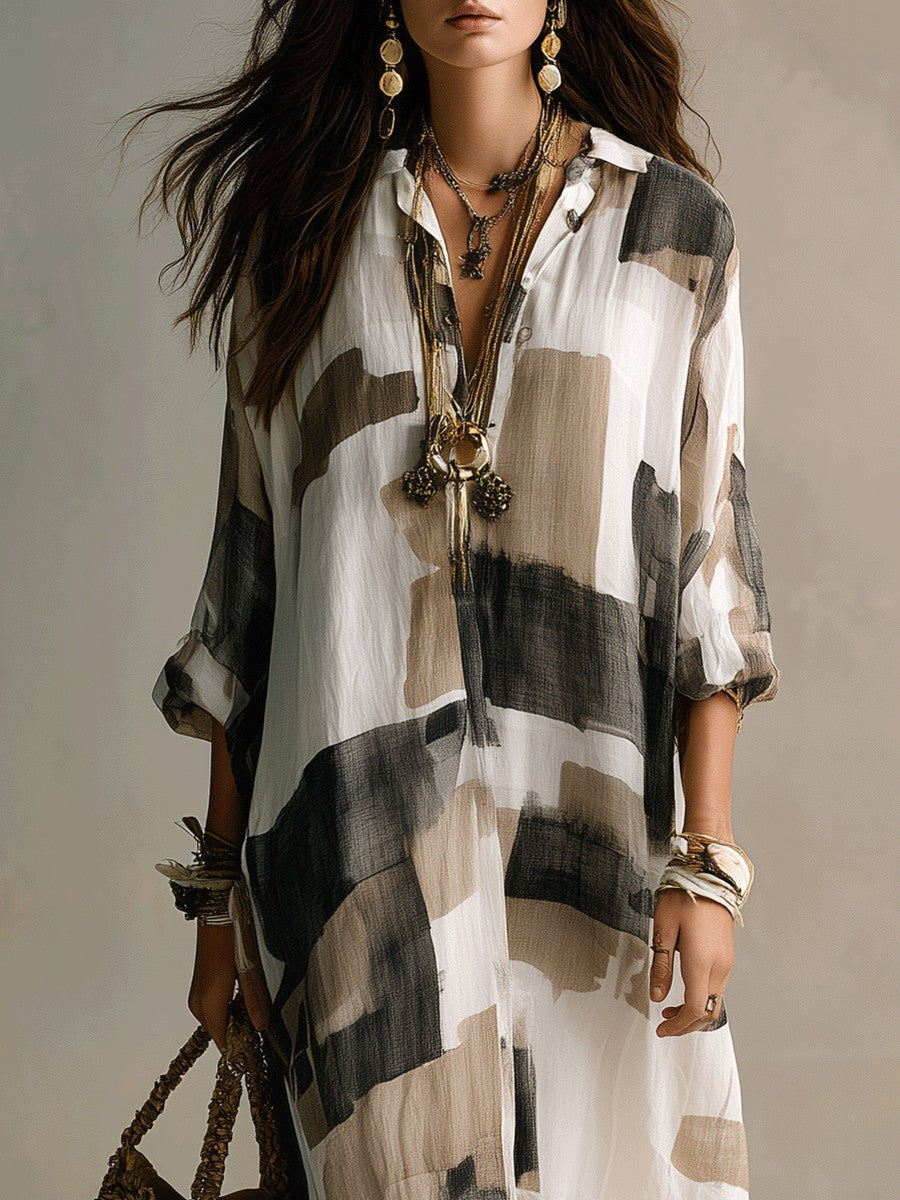 New Arrival Casual & American Vacation Style Printed Lapel Long Sleeve Maxi Dress Secondary image