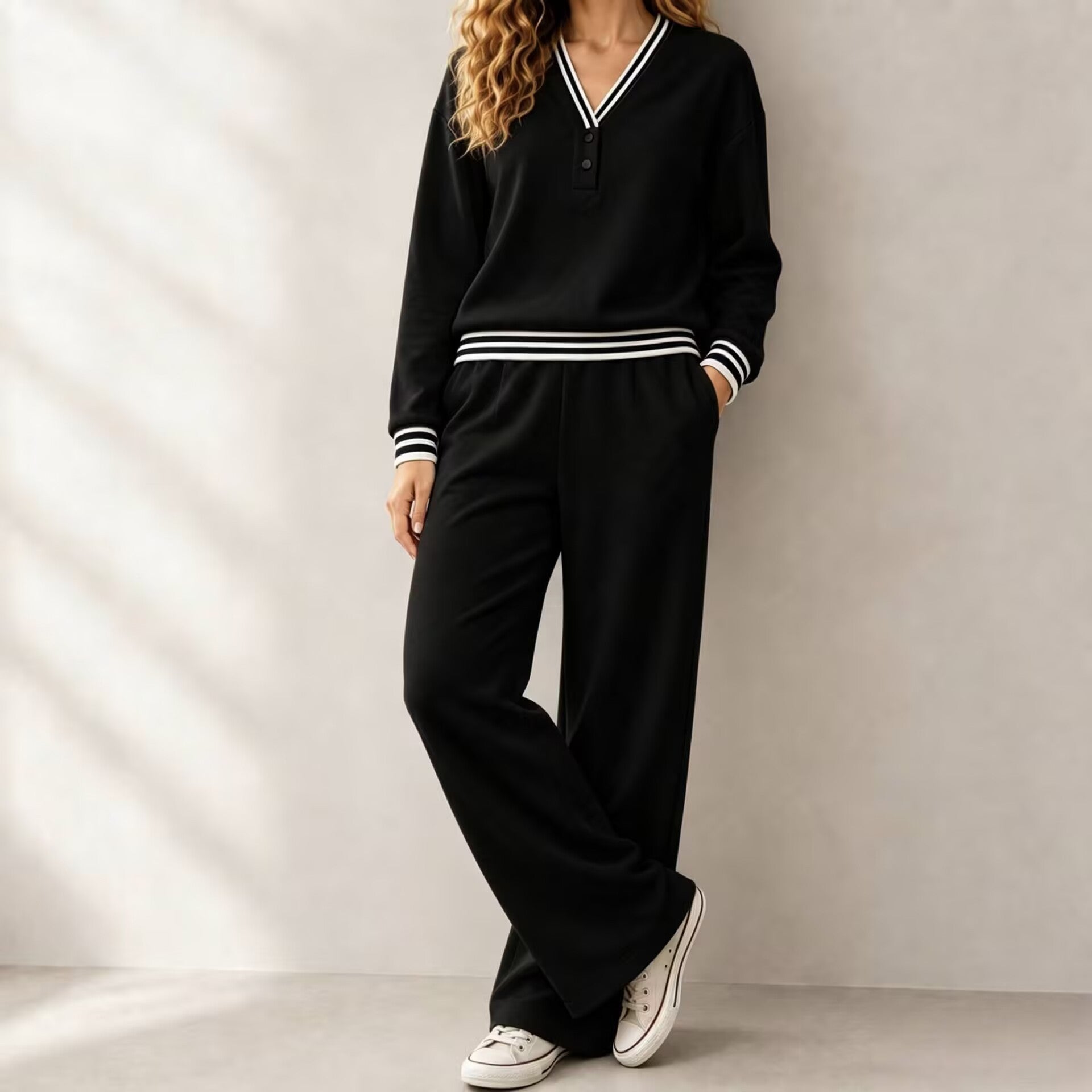 Womens V-neck Striped Sweatshirt And Wide-leg Pants Casual Lounge Set Secondary image