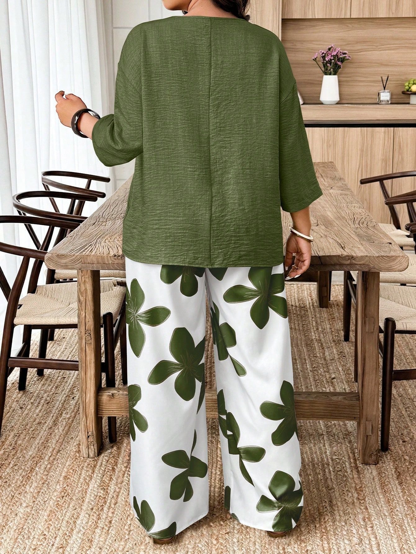 New European And American-style Casual Loose-fitting Two-piece Set Long-sleeve Top And Printed Wide-leg Pants Secondary image