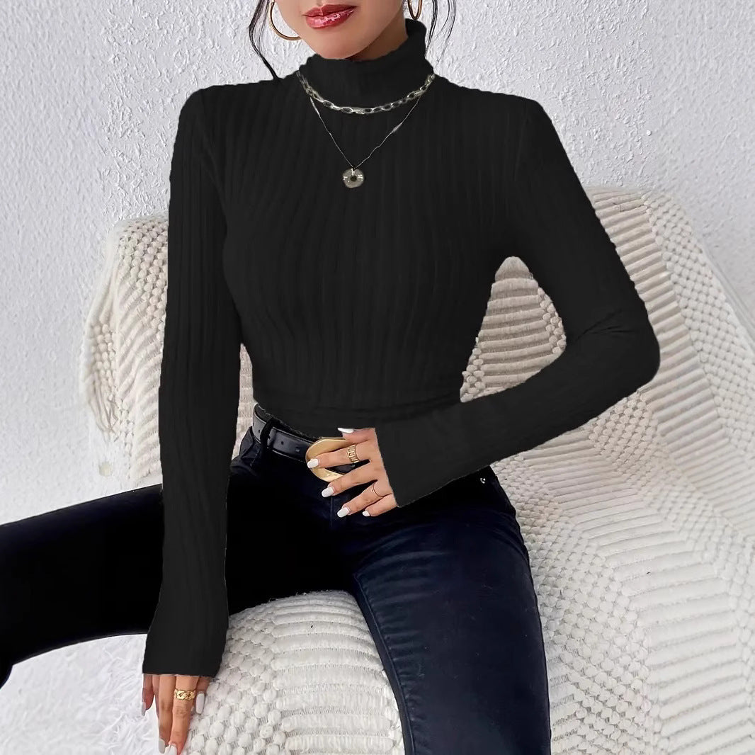 Women Ribbed Turtleneck Long Sleeve Tops, Slim Fit Stretchy Knit Basic Pullover Shirts, Casual Solid Color Slim Base Layer Tee Secondary image
