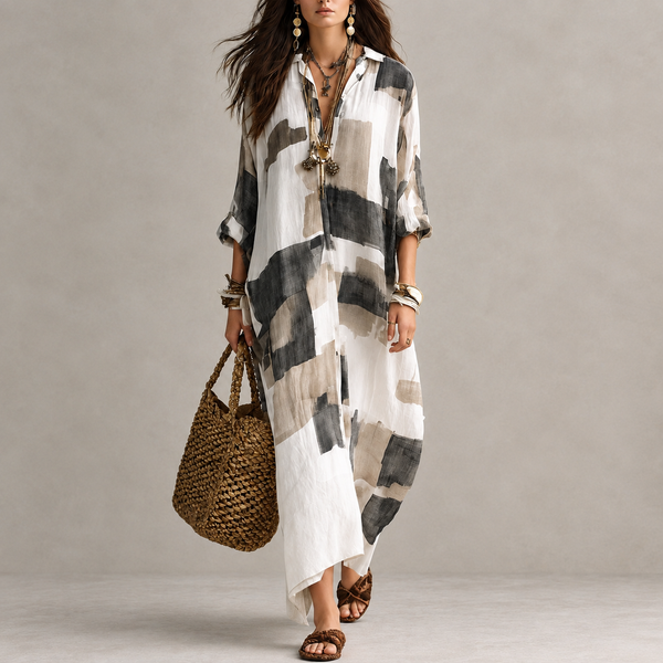 New Arrival Casual & American Vacation Style Printed Lapel Long Sleeve Maxi Dress