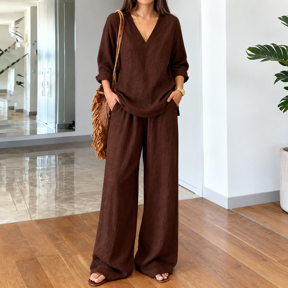In Stock 2026 New Foreign Trade Cross-Border Women's Clothing Casual V-Neck Pullover Long-Sleeve Extended Pants Washed Cotton Multi-Color Women's Wear Main image