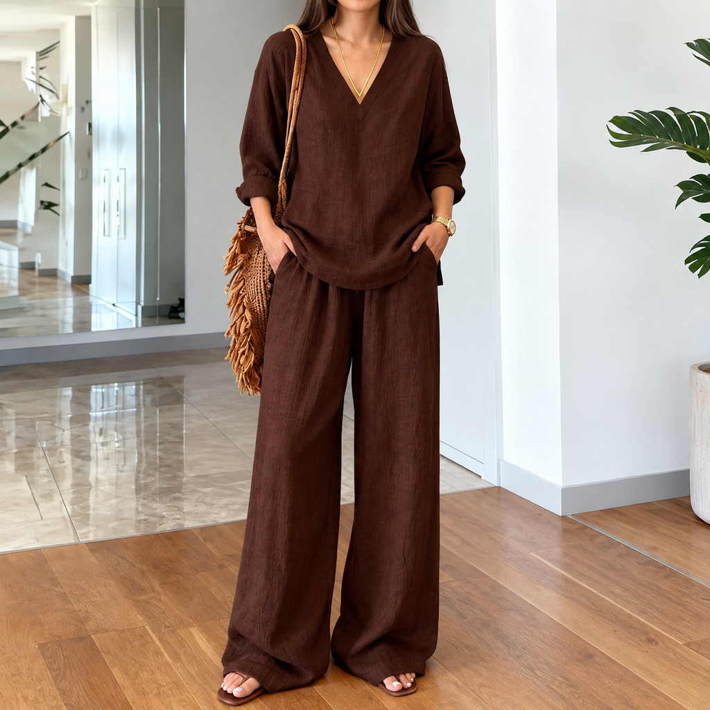 In Stock 2026 New Foreign Trade Cross-Border Women's Clothing Casual V-Neck Pullover Long-Sleeve Extended Pants Washed Cotton Multi-Color Women's Wear