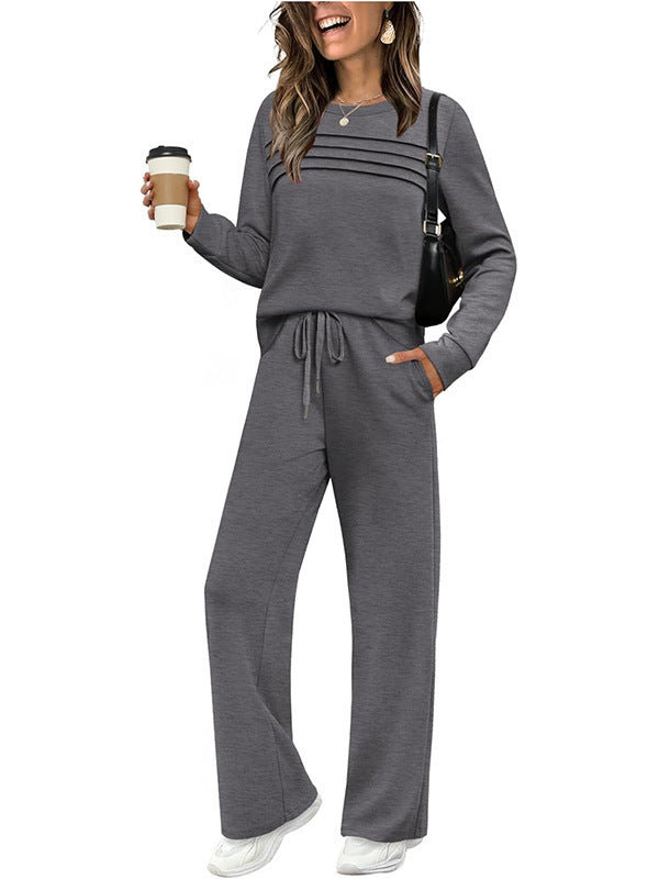 2026 New Autumn European And American Women's Set Long Sleeve Round Neck Top Casual Elastic Waist Pants Wide Legs Pants Secondary image