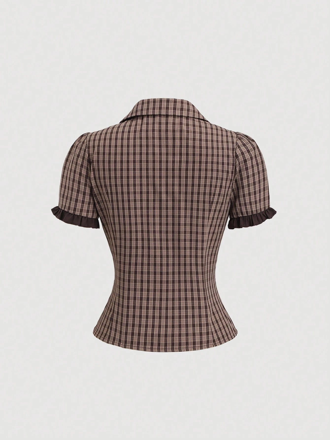 Summer New Wave Lace Patchwork Lapel Slim-fit Plaid Short-sleeve Shirt Secondary image