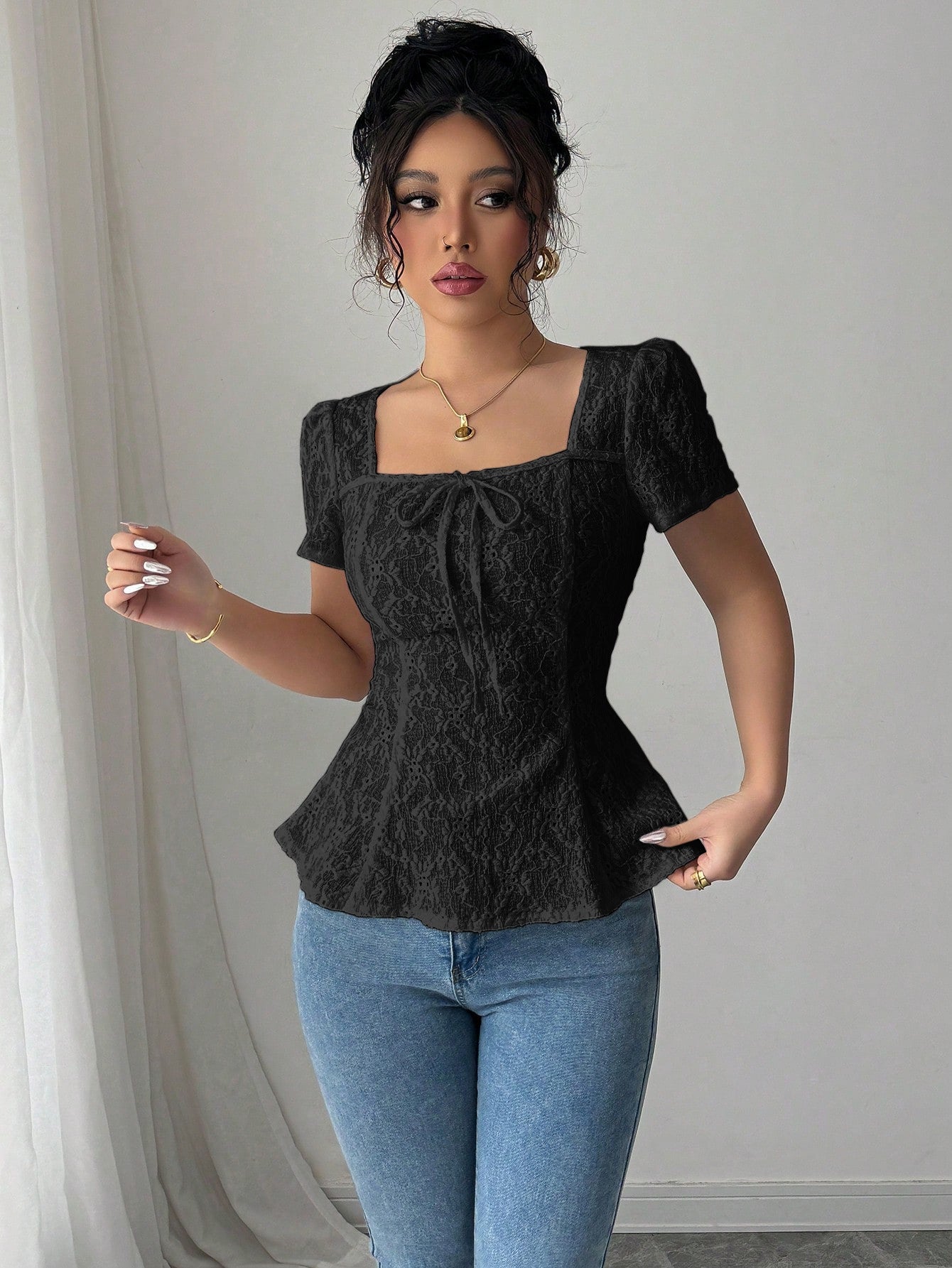 European And American Cross-Border Women's Clothing Summer Fashion Elegant Casual Lace Shirt Square Collar Bow Short-Sleeved Top Secondary image