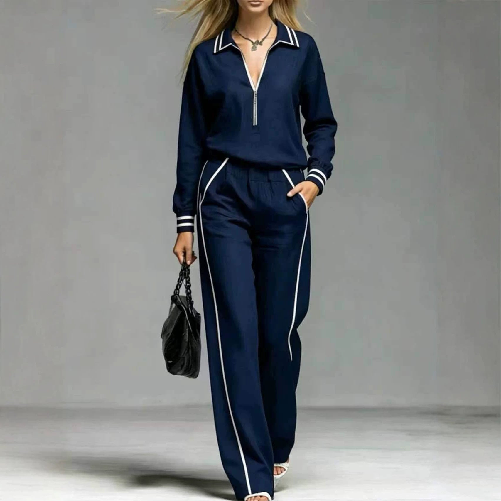 Fashionable Lapel-collar Striped Long-sleeve Top And Pants Set Secondary image