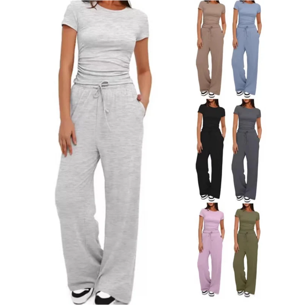 Women's Two-Piece Casual Suit With Pleated Fashion Short-Sleeved Top And Wide-Leg Pants