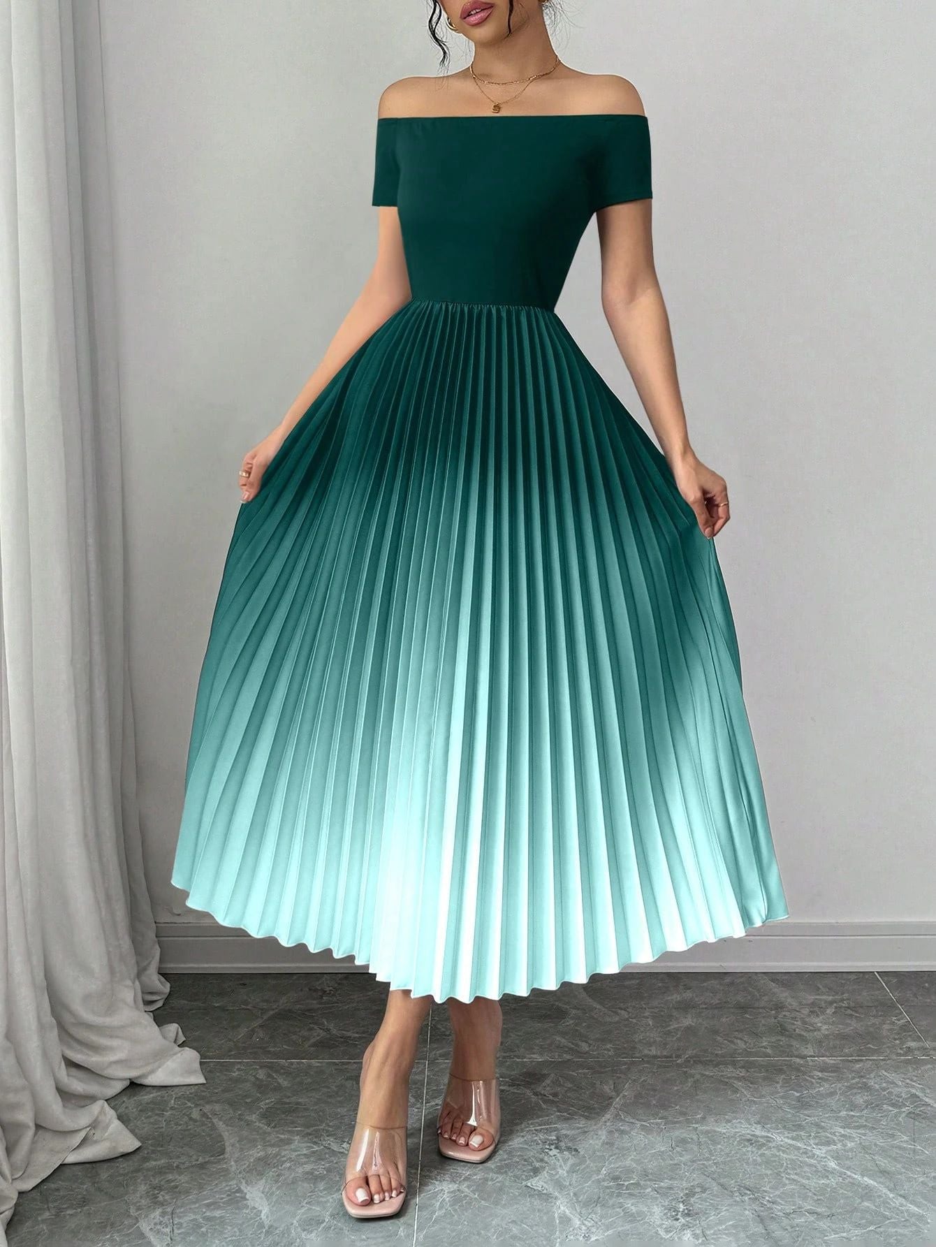 Elegant Off-The-Shoulder Pleated Gradient Color Slim-Fit Dress Secondary image