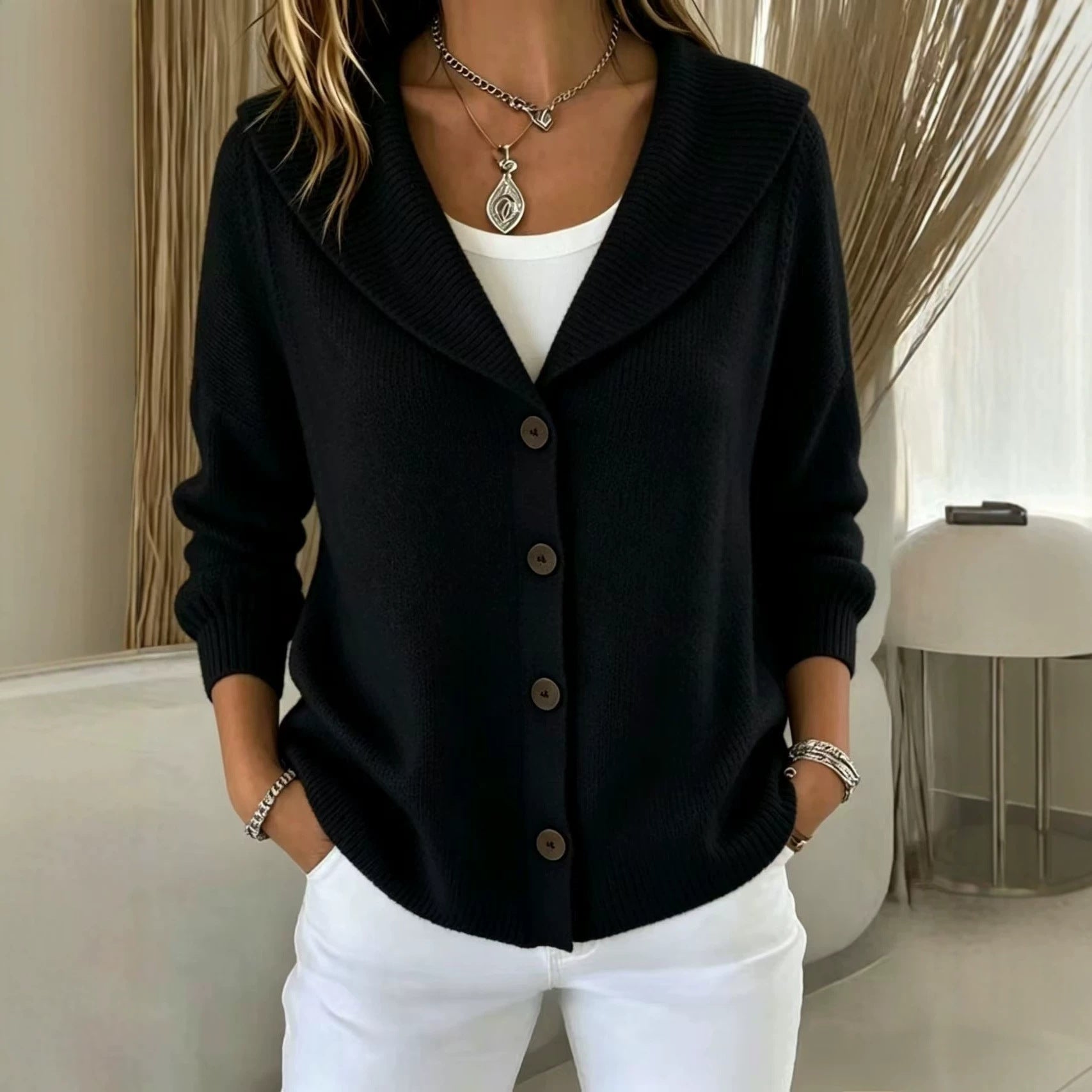 New Solid Color Knitted Button Lapel Sweater Secondary image