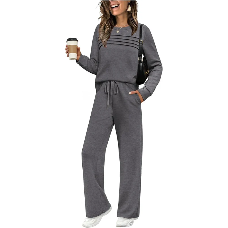 2026 New Autumn European And American Women's Set Long Sleeve Round Neck Top Casual Elastic Waist Pants Wide Legs Pants