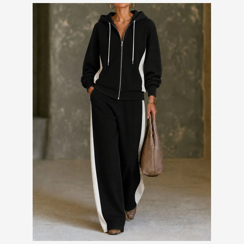 Women 2 Piece Tracksuit, Color Block Zip Up Hoodie & Wide Leg Pants Set, Casual Sweatshirt Jogger Outfit For Fall Winter