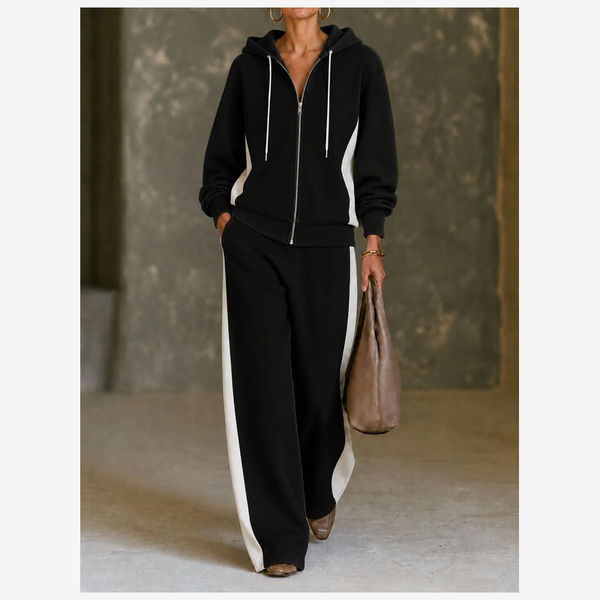 Women 2 Piece Tracksuit, Color Block Zip Up Hoodie & Wide Leg Pants Set, Casual Sweatshirt Jogger Outfit For Fall Winter